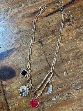 Gold-Tone Charm Necklace with Red Enamel 'Amor' Pendant